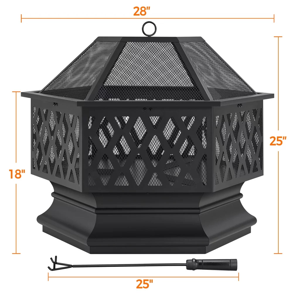 Black Hex-Shaped Steel Wood Burning Fire Pit with Spark Screen & Fire Poker H309344