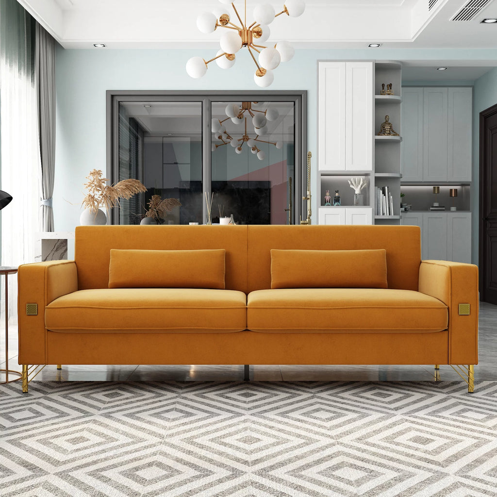 Orange Velvet 3-Seater Sofa with Gold Legs Q617