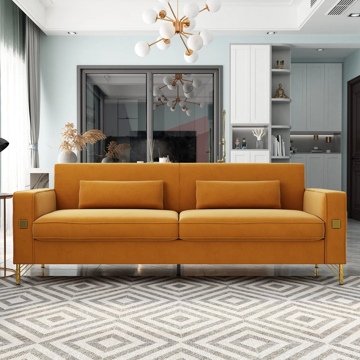 Orange Velvet 3-Seater Sofa with Gold Legs Q617