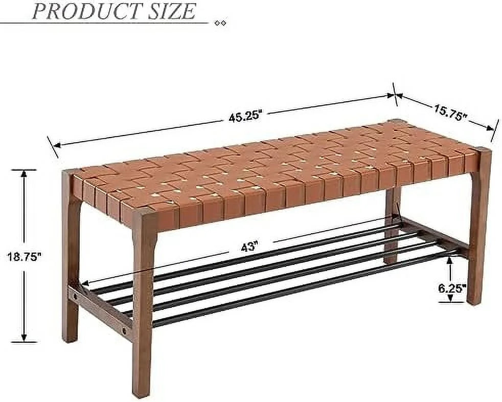 Rustic Wood 45 Inch Woven Bench with Metal Shoe Rack H35086