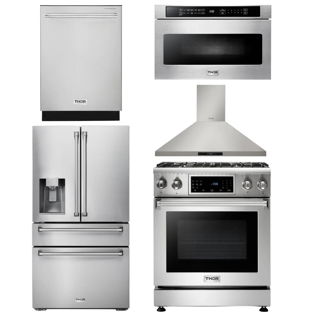 30 In. Propane Gas Range, Range Hood, Microwave Drawer, Refrigerator, Dishwasher L118331