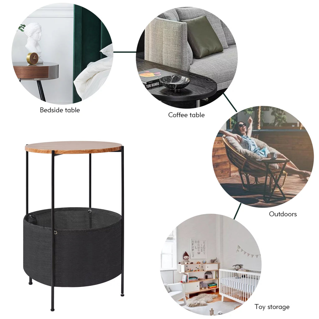 Round Wood Bedside Table with Storage Basket X667257