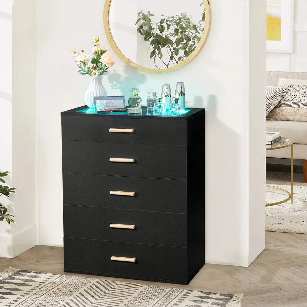 White 5 Drawer Dresser with Tempered Glass Top D32094