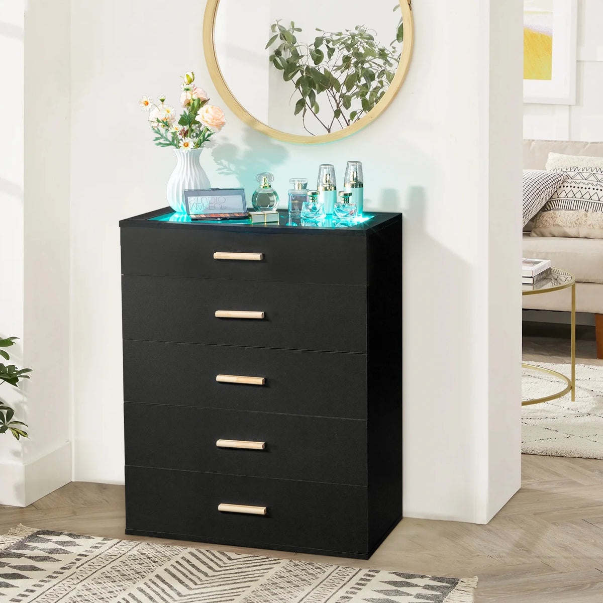 White 5 Drawer Dresser with Tempered Glass Top D32094