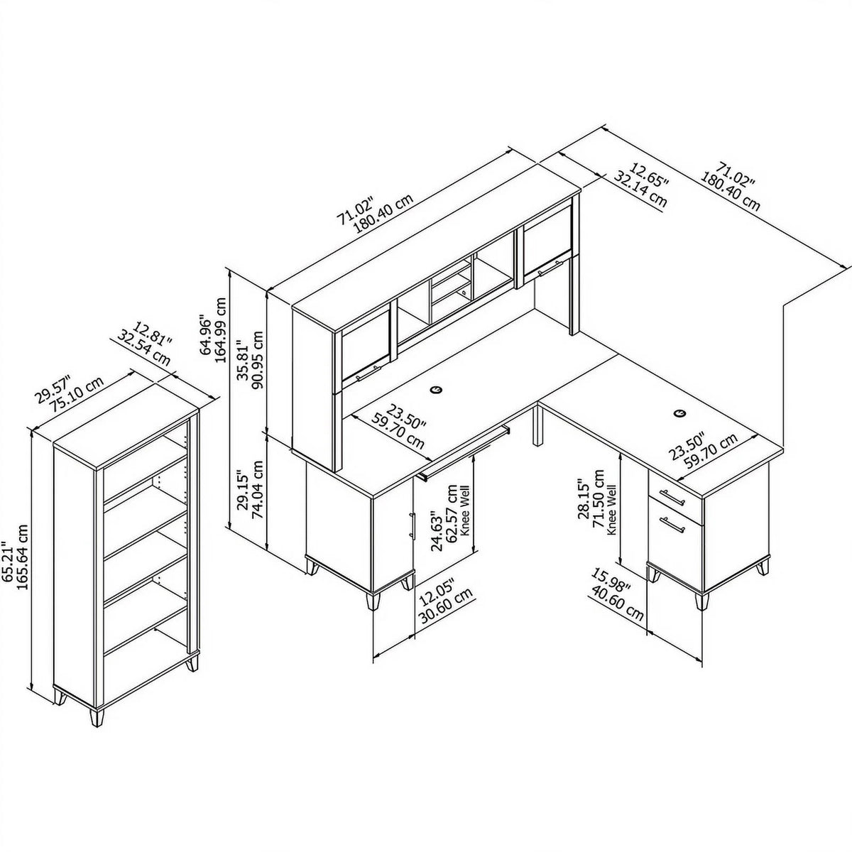 72W L Desk with Hutch & Bookcase Q596