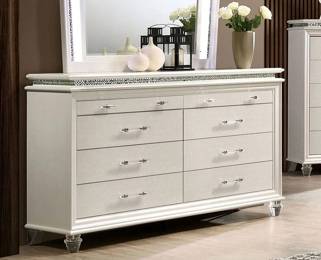 Pearl White 4pc Queen Size Bedroom Set Dresser Mirror Nightstand H603689