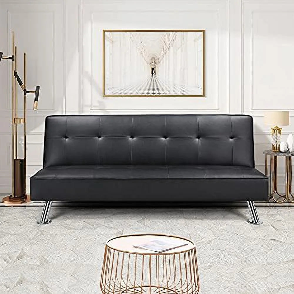 Black Faux Leather Folding Futon Sleeper Bed I443