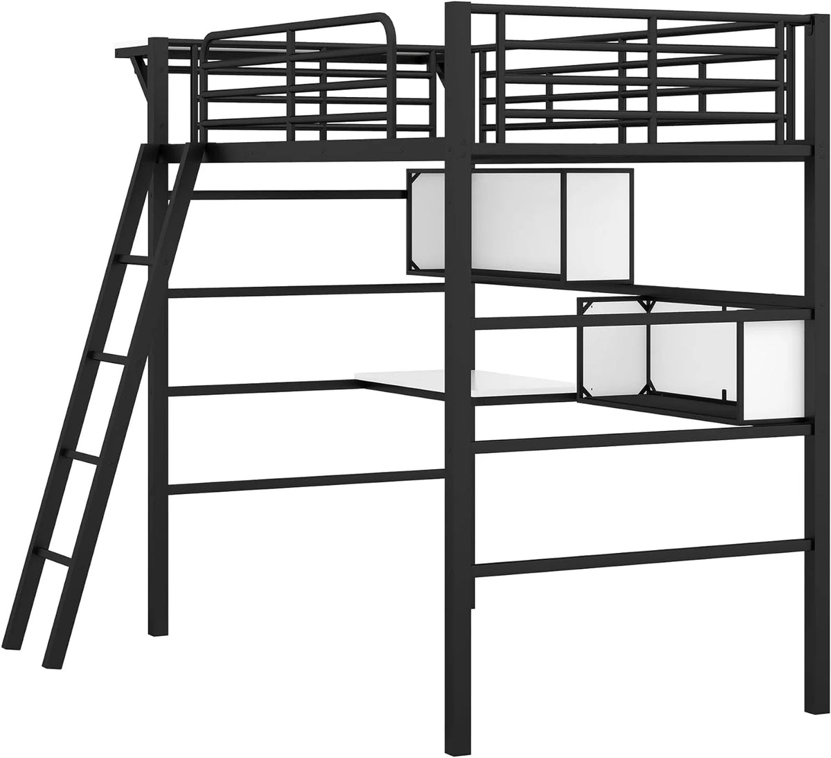 Heavy-Duty Black Loft Bed Frame with Storage Shelves P11201