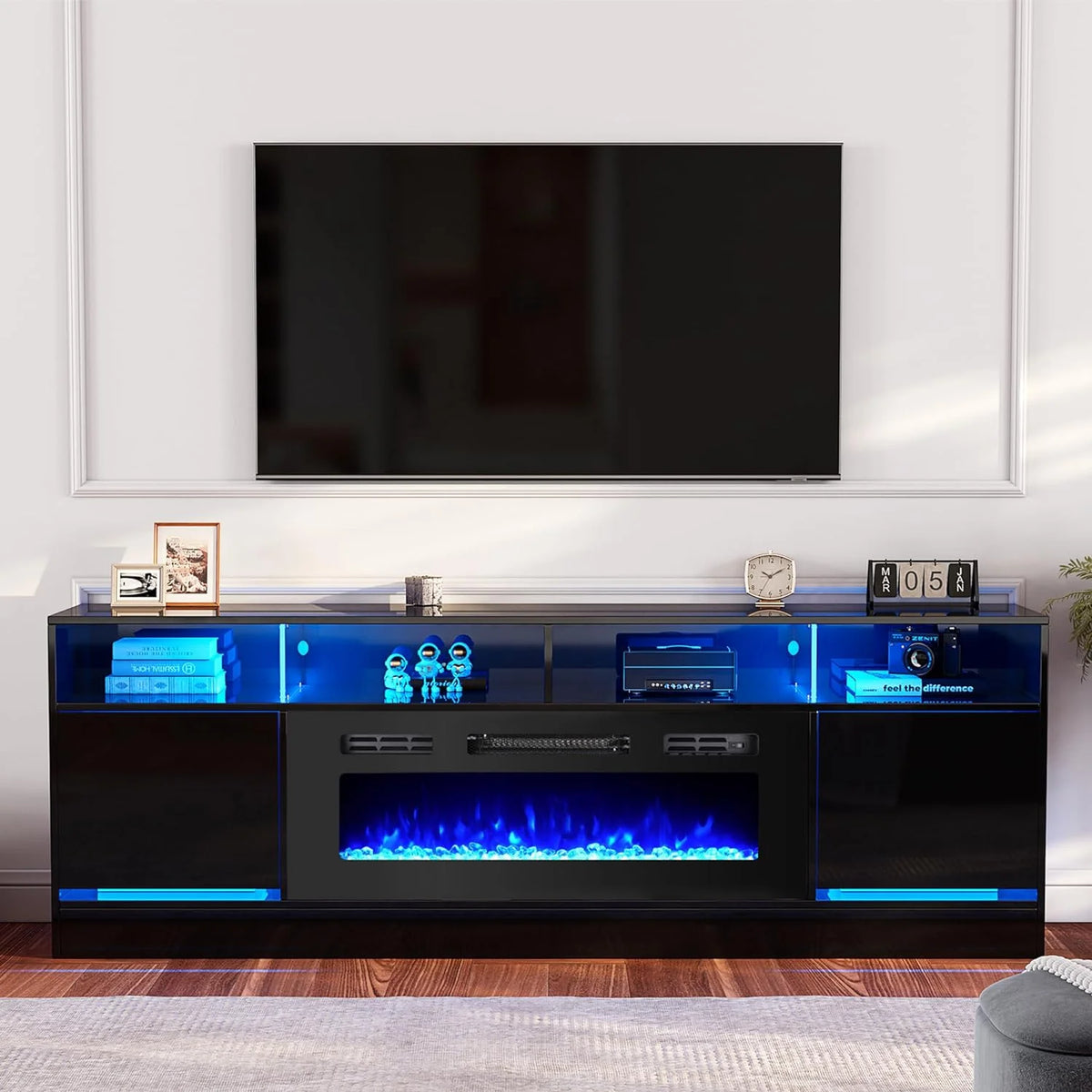 Black TV Stand with 36 Electric Fireplace and Glass Shelves U174