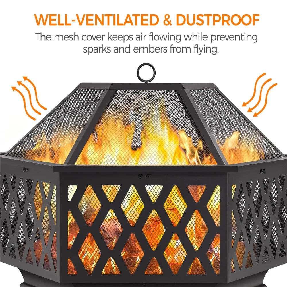 Black Hex-Shaped Steel Wood Burning Fire Pit with Spark Screen & Fire Poker H309344
