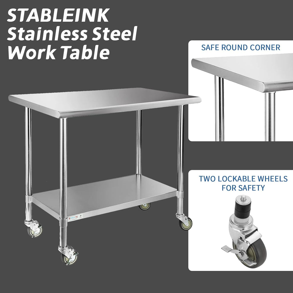 Stainless Steel Table with 4 Caster Wheels and Adjustable Undershelf F4434