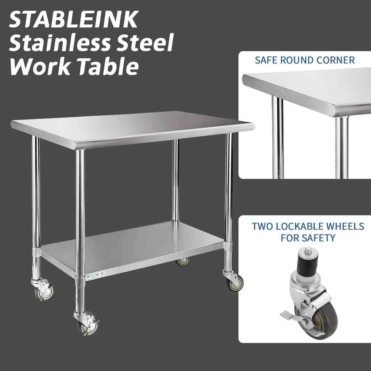 Stainless Steel Table with 4 Caster Wheels and Adjustable Undershelf F4434