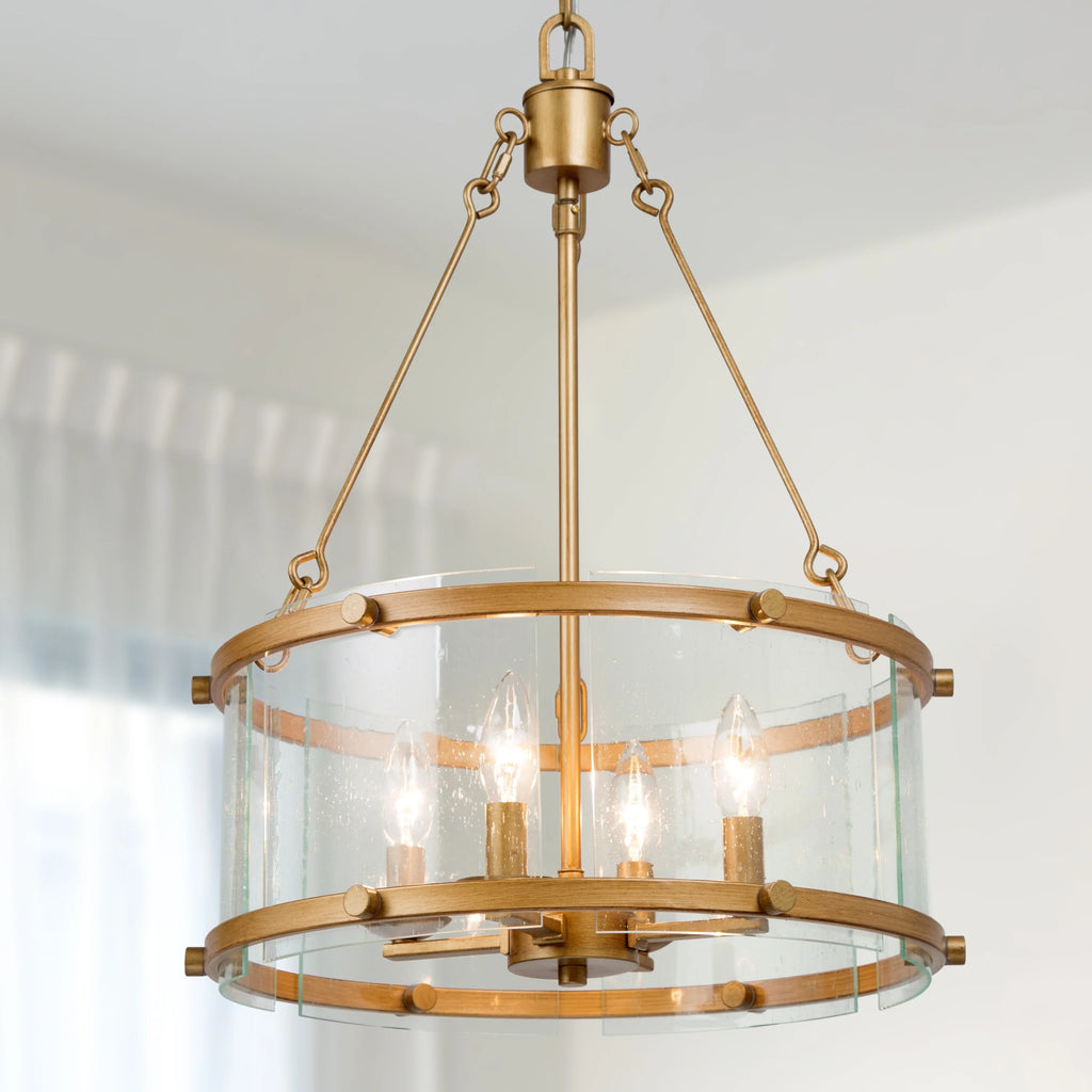 Mid-century Modern 4-light Drum Chandelier Seeded Glass Fixture J257