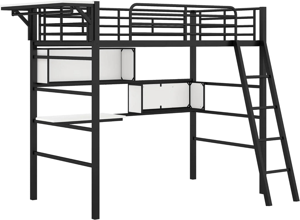 Heavy-Duty Black Loft Bed Frame with Storage Shelves P11201