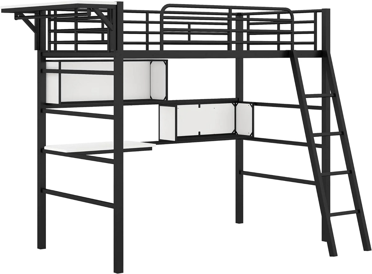 Heavy-Duty Black Loft Bed Frame with Storage Shelves P11201