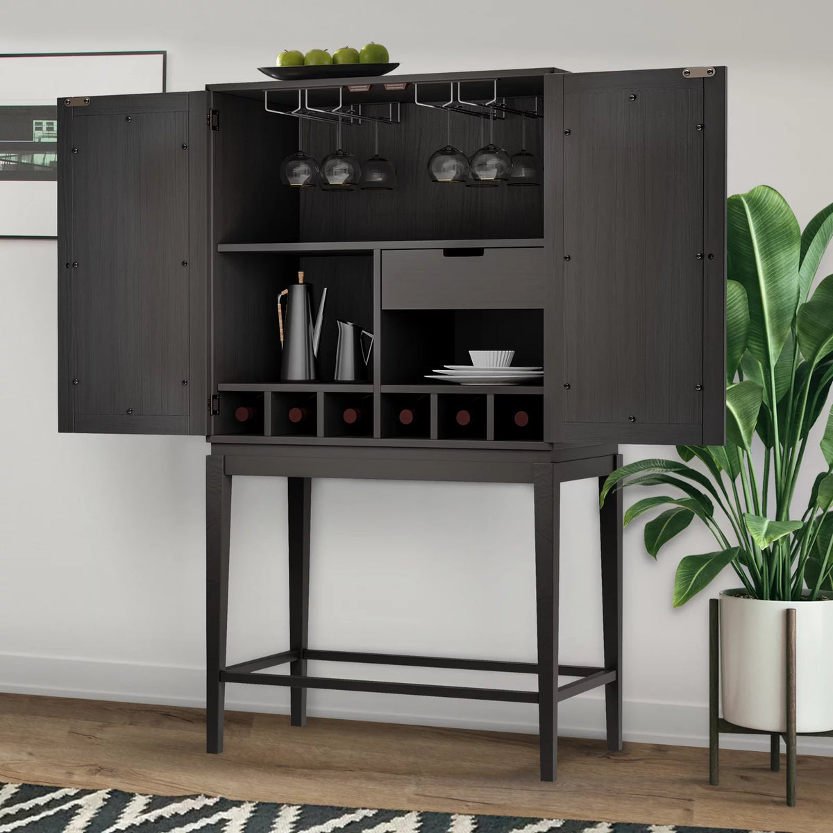 Solid Rubber Wood Double Mirror Door Wine Cabinet with Glass Holder Q62747