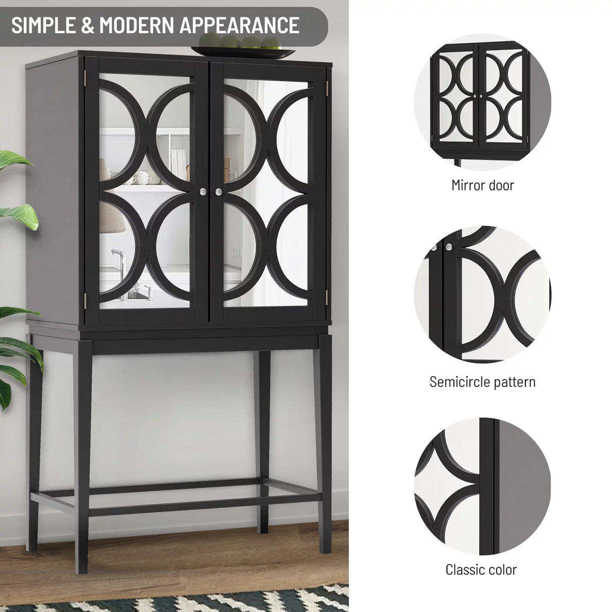 Solid Rubber Wood Double Mirror Door Wine Cabinet with Glass Holder Q62747