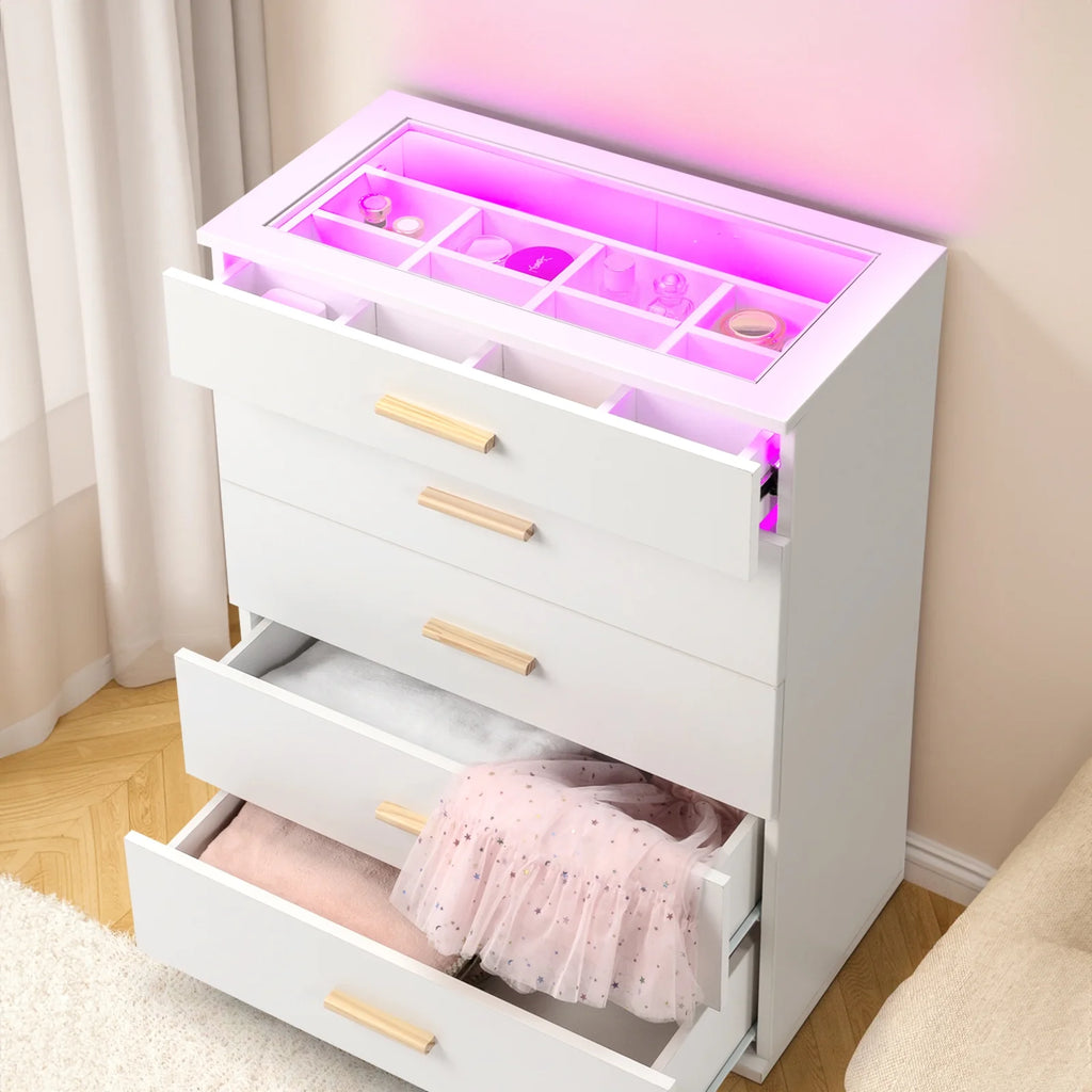 White 5 Drawer Dresser with Tempered Glass Top D32094