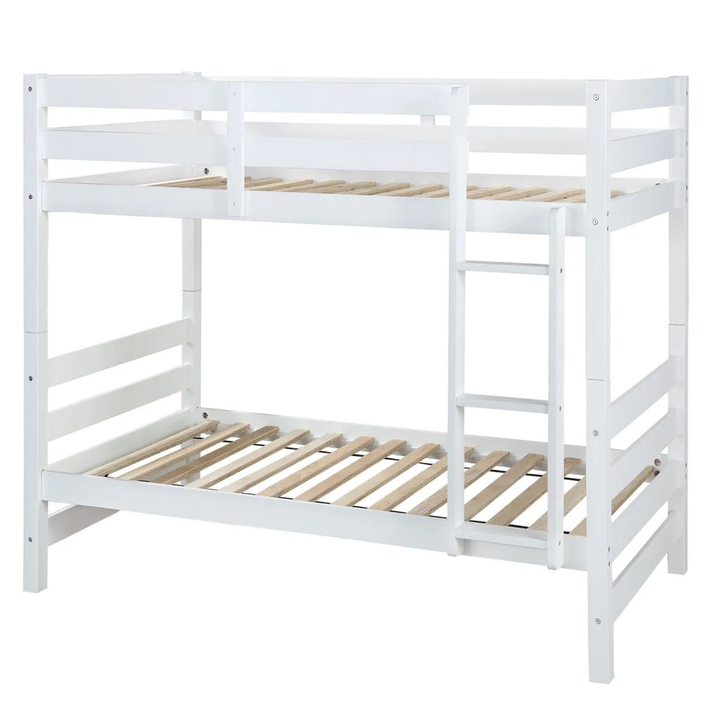 White Wooden Twin Over Twin Bunk Bed with Ladder B8086