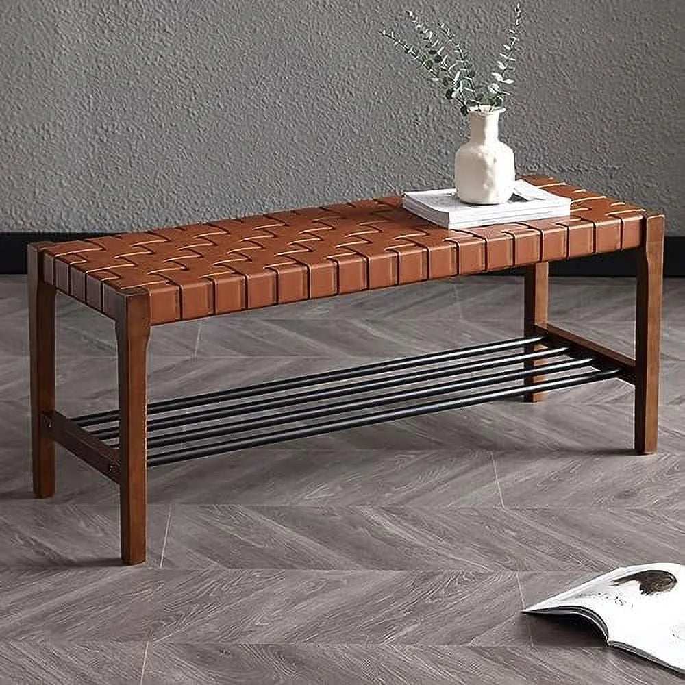 Rustic Wood 45 Inch Woven Bench with Metal Shoe Rack H35086