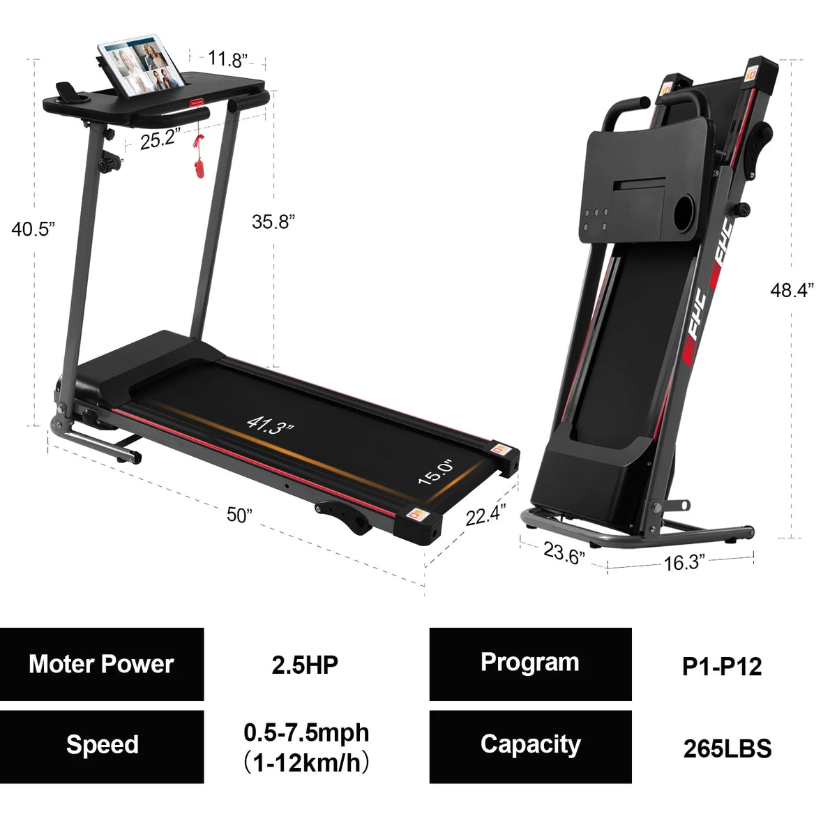 Folding Treadmill with Desk 2.5HP Compact Electric Treadmill U260134