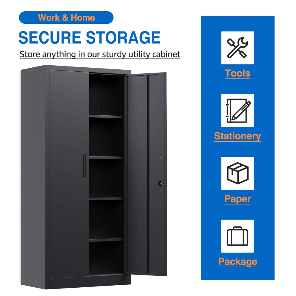 Black Metal Storage Cabinet with Lockable Doors and Shelves P90588