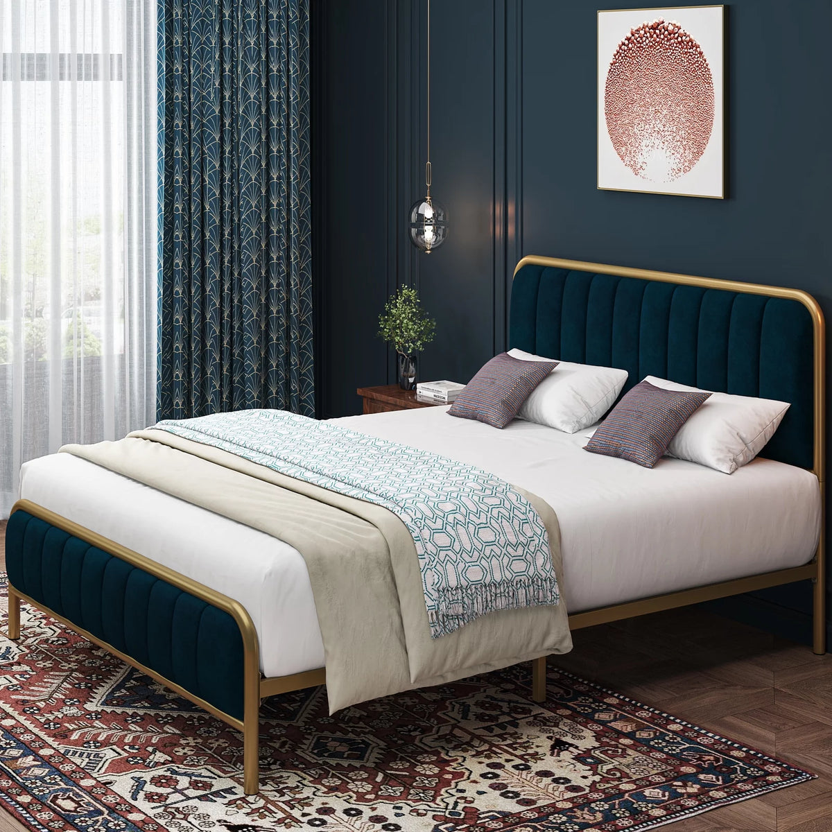 Queen Size Metal Bed Frame with Upholstered Headboard Y543918