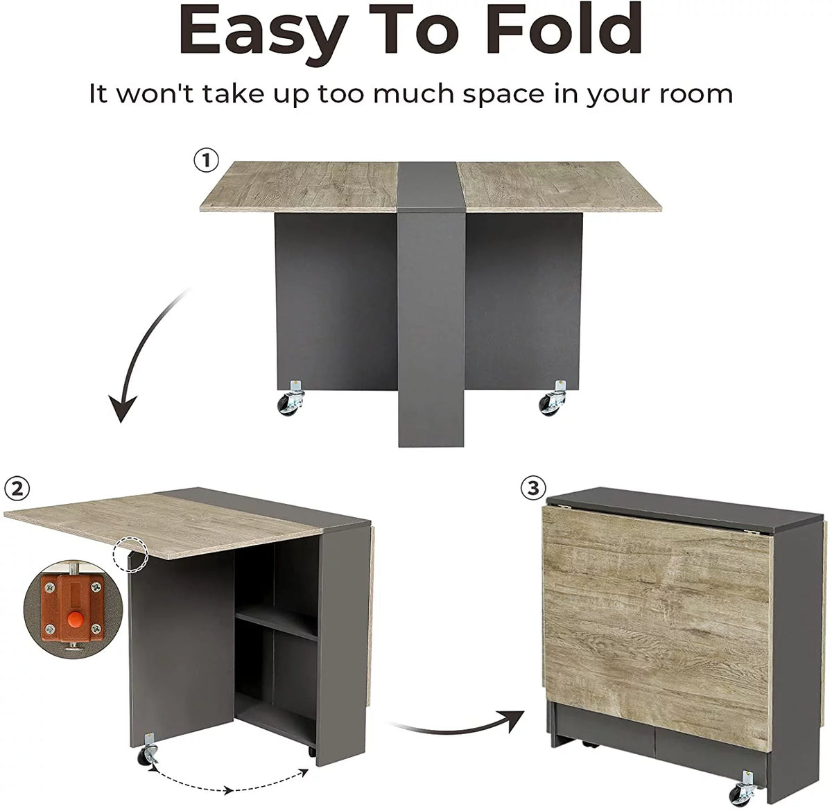 Folding Drop Leaf Dining Table with 6 Wheels and Storage Shelf N8613