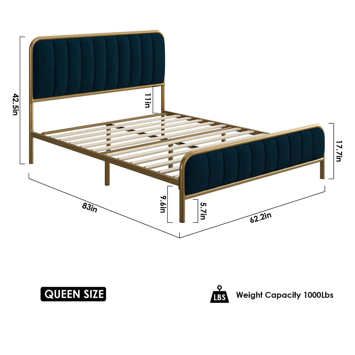 Queen Size Metal Bed Frame with Upholstered Headboard Y543918
