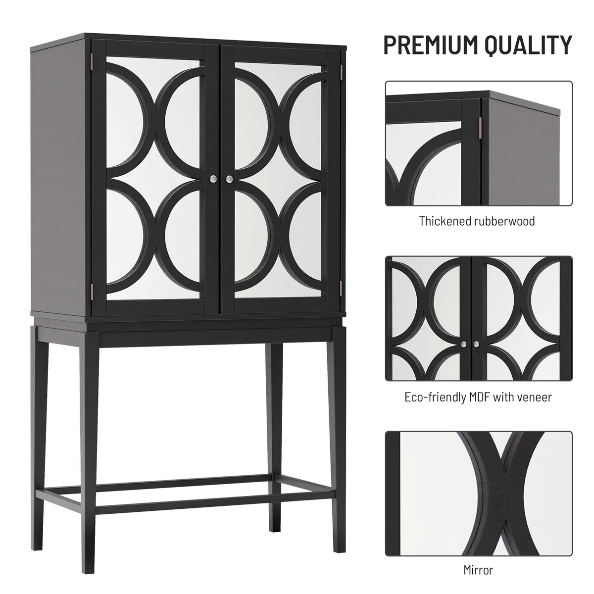 Solid Rubber Wood Double Mirror Door Wine Cabinet with Glass Holder Q62747