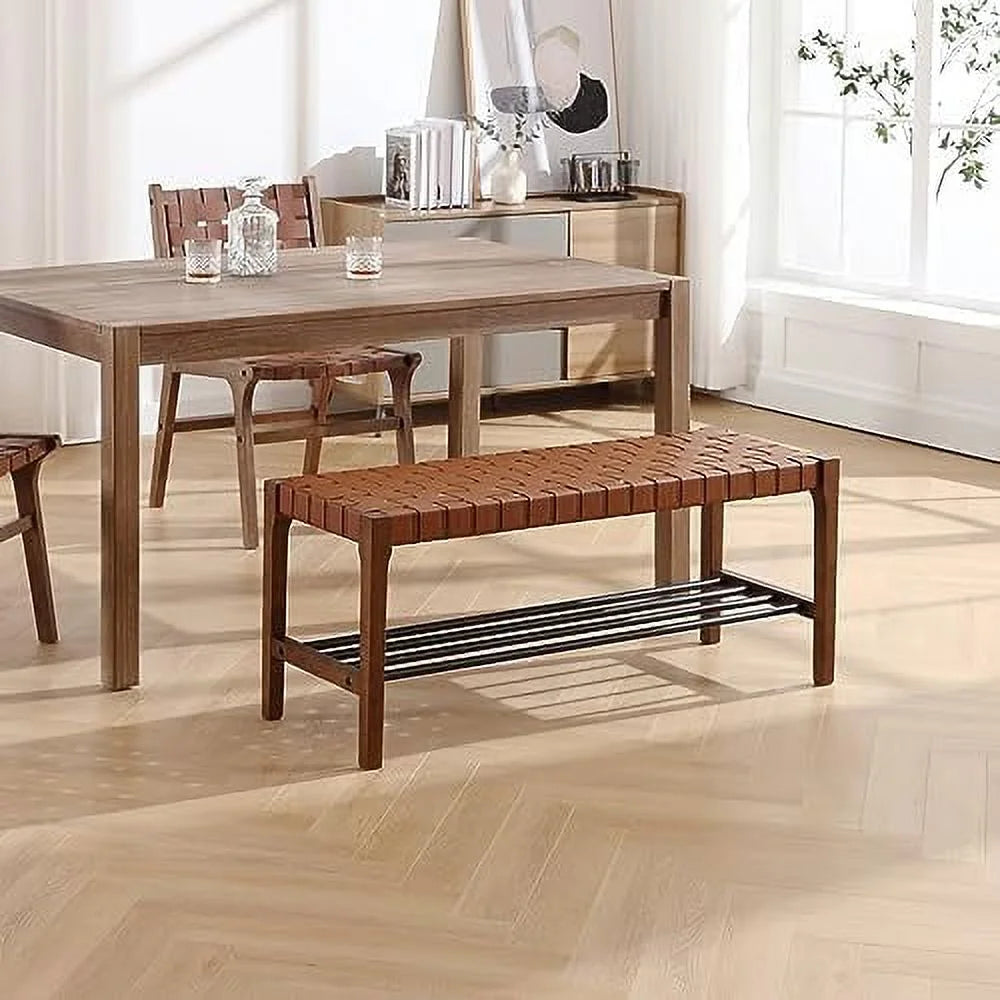 Rustic Wood 45 Inch Woven Bench with Metal Shoe Rack H35086