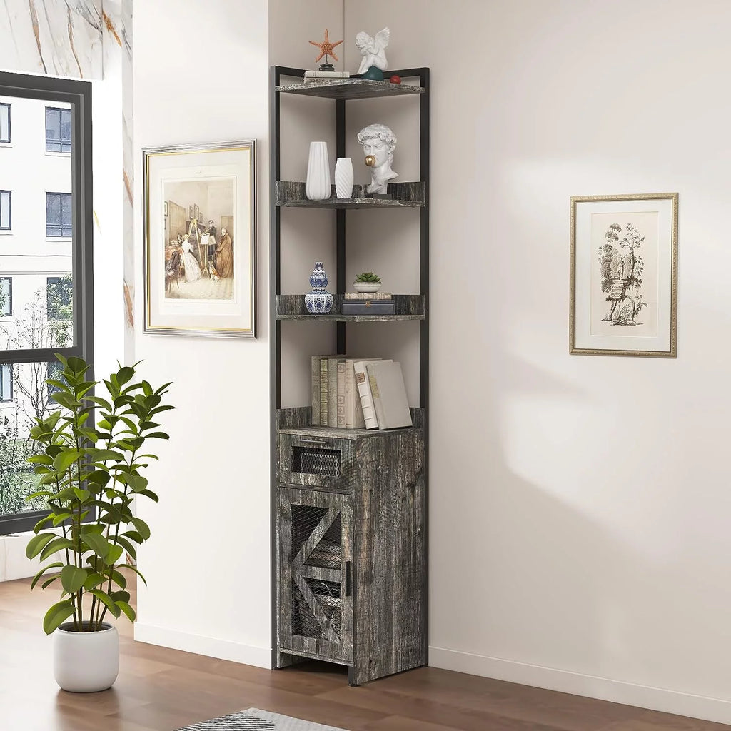 Grey 7-Tier Corner Cabinet with Drawer X737856