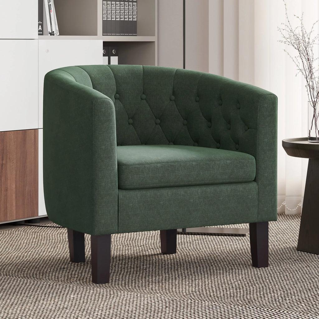 Green Set of 2 Upholstered Tufted Barrel Chairs with Linen Fabric J89074