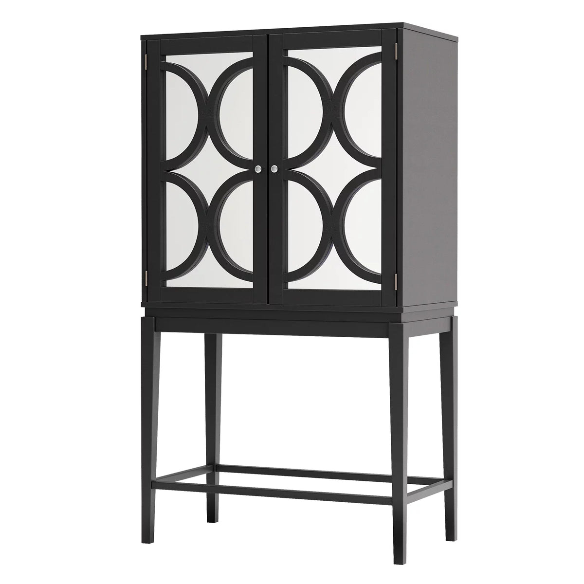Solid Rubber Wood Double Mirror Door Wine Cabinet with Glass Holder Q62747
