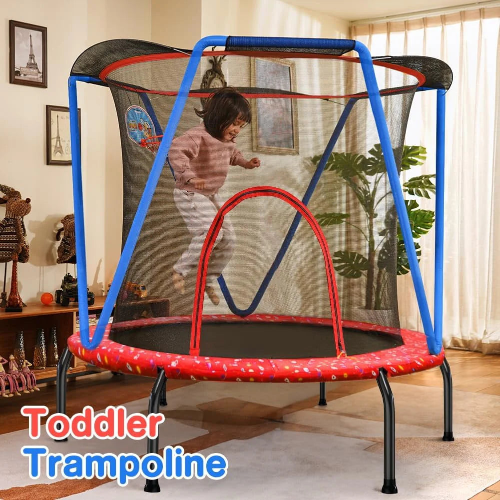 66 Kids Trampoline with Basketball Hoop and Safety Enclosure Net T806810