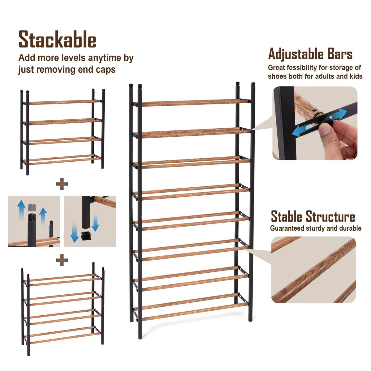Expandable 4 Tier Metal Shoe Rack Organizer, Black & Brown L61561