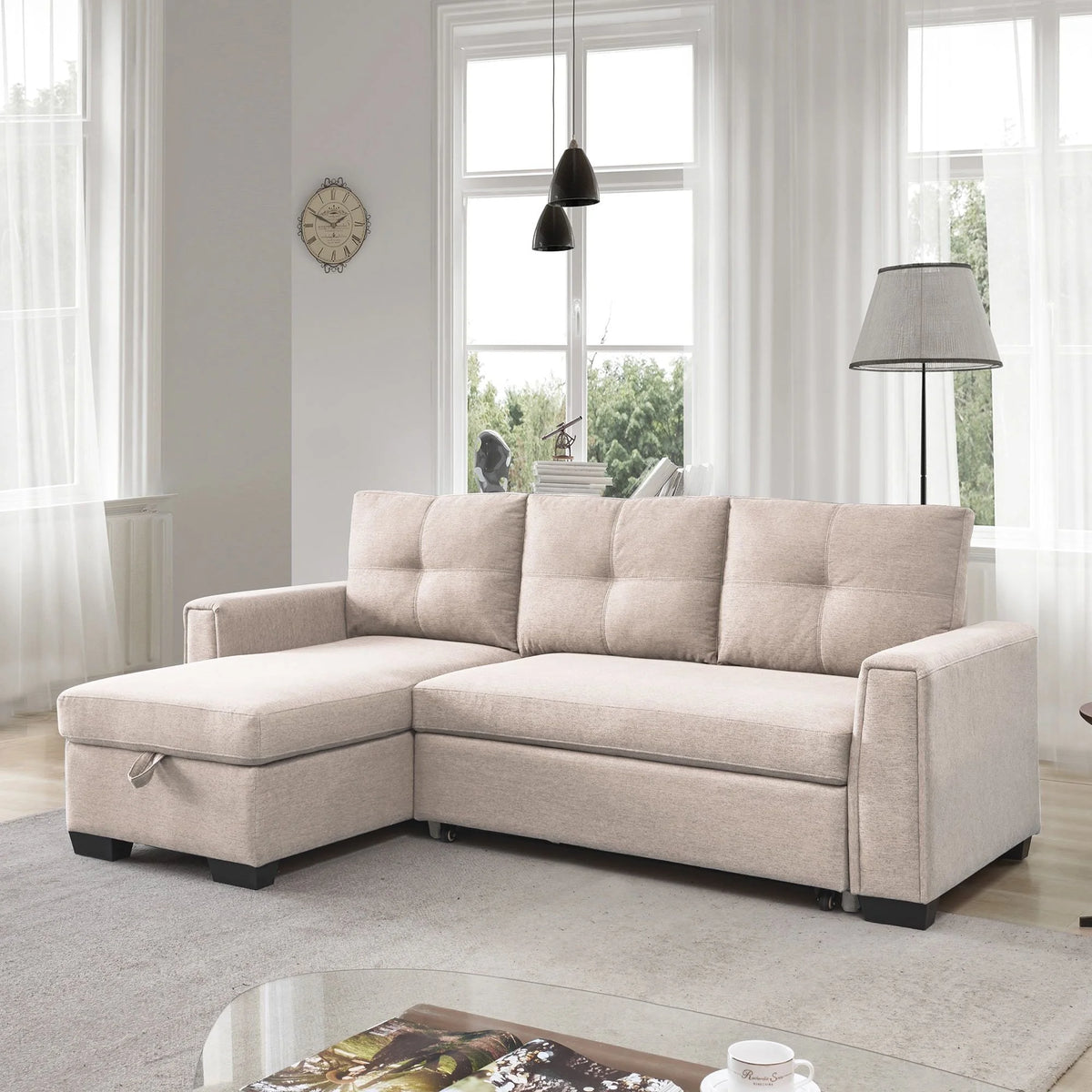 Modular Convertible Sleeper Sectional Sofa with Reversible Storage Chaise A998977