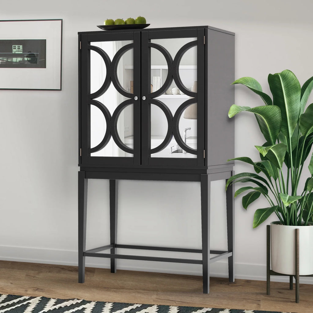 Solid Rubber Wood Double Mirror Door Wine Cabinet with Glass Holder Q62747