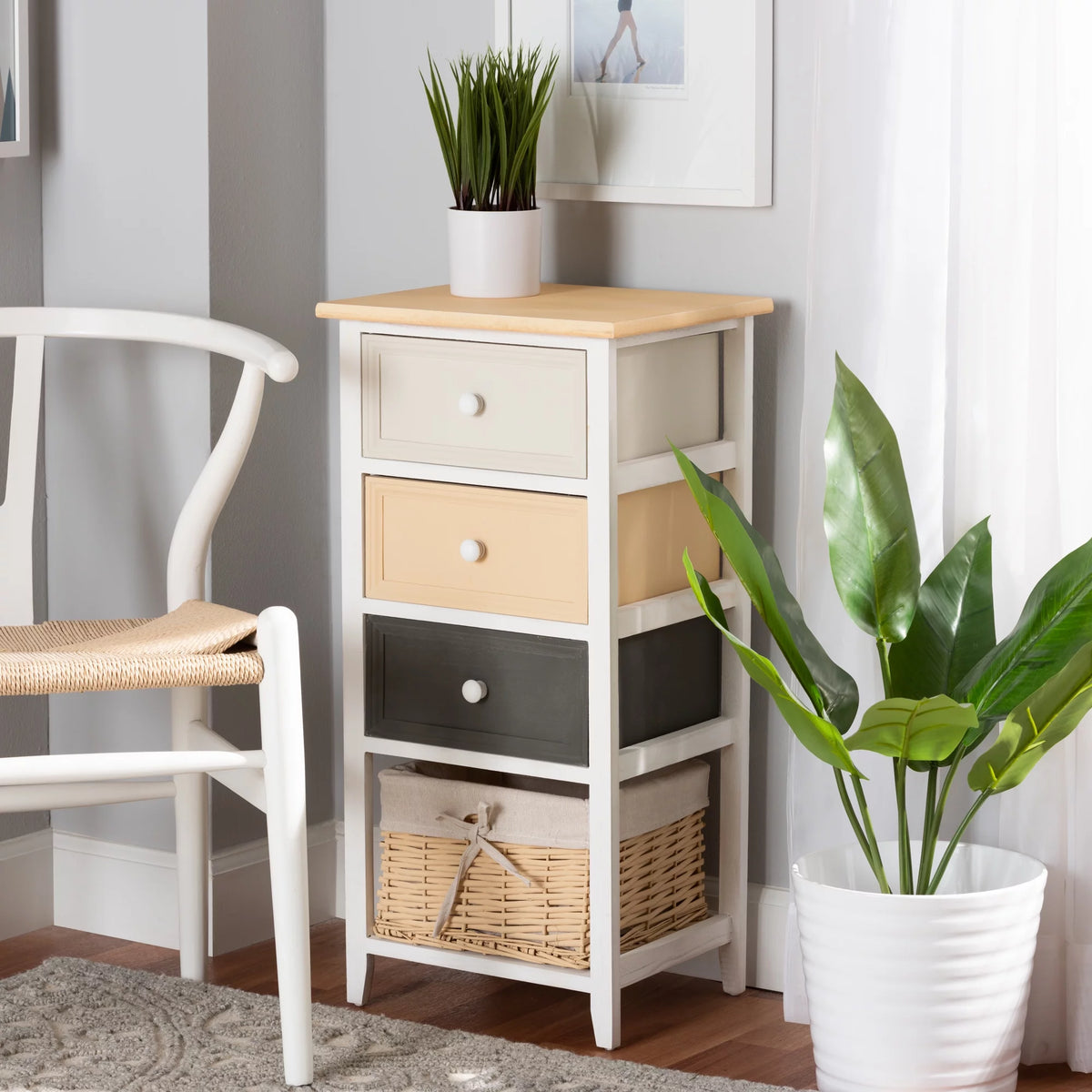 Multi-Colored Wood 3-Drawer Storage Unit with Basket J435629