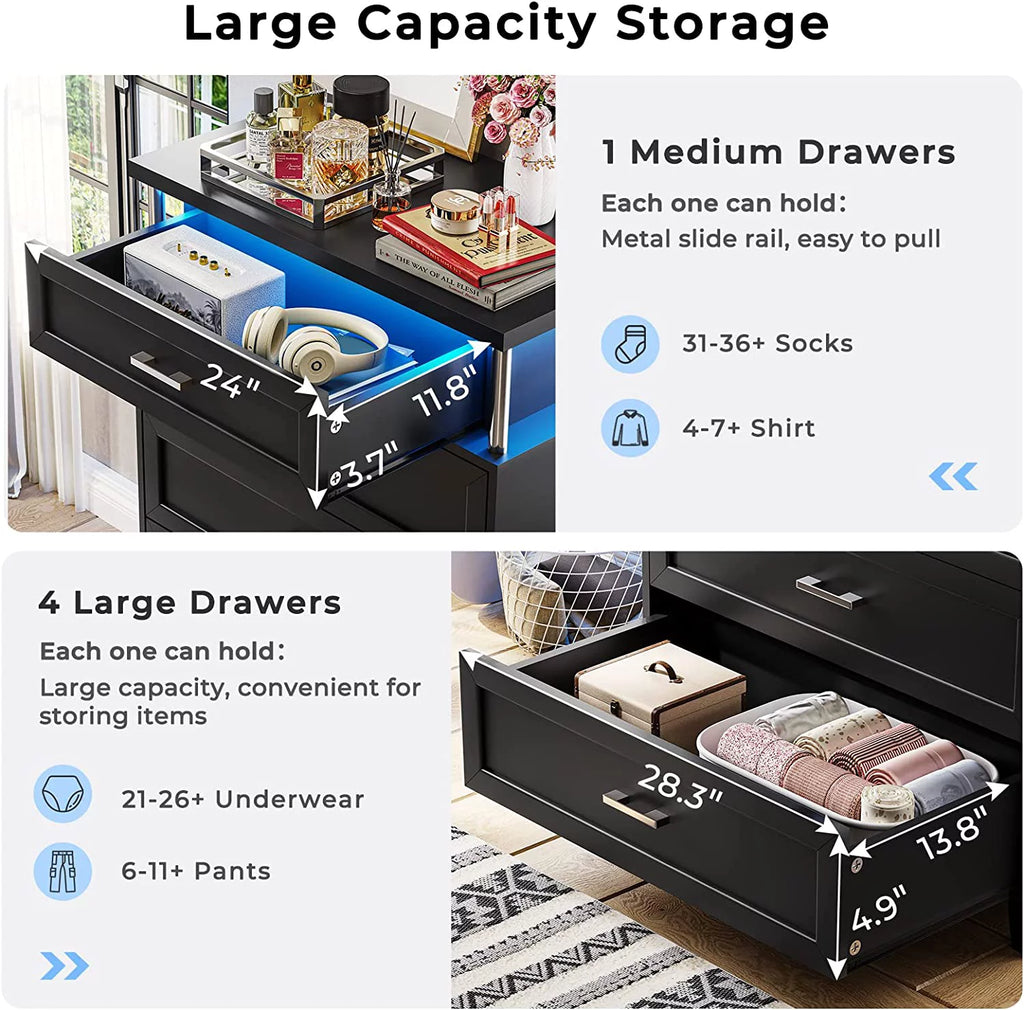 Black 5 Drawers Wood Dresser with LED Light R898