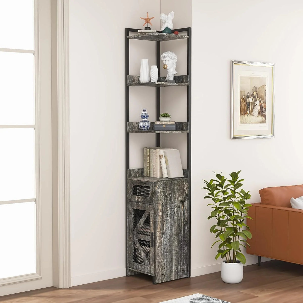 Grey 7-Tier Corner Cabinet with Drawer X737856
