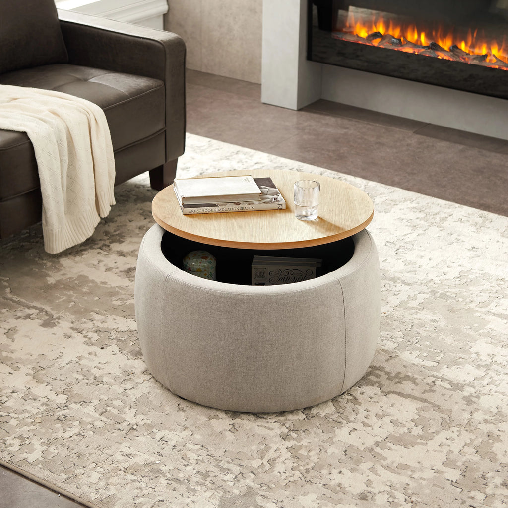 Grey Round Storage Ottoman with Wood Tray G947037