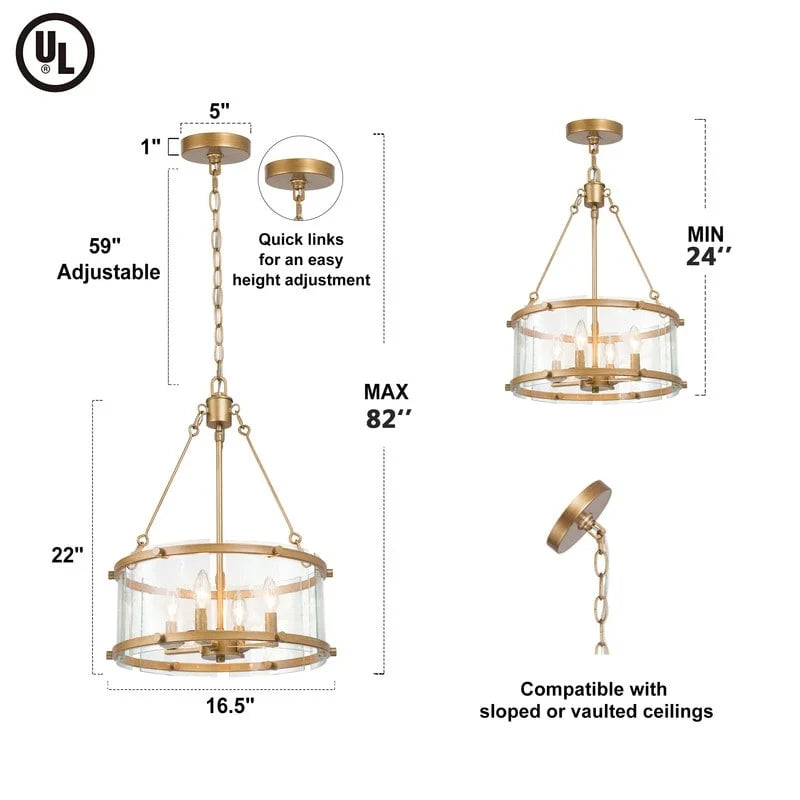 Mid-century Modern 4-light Drum Chandelier Seeded Glass Fixture J257
