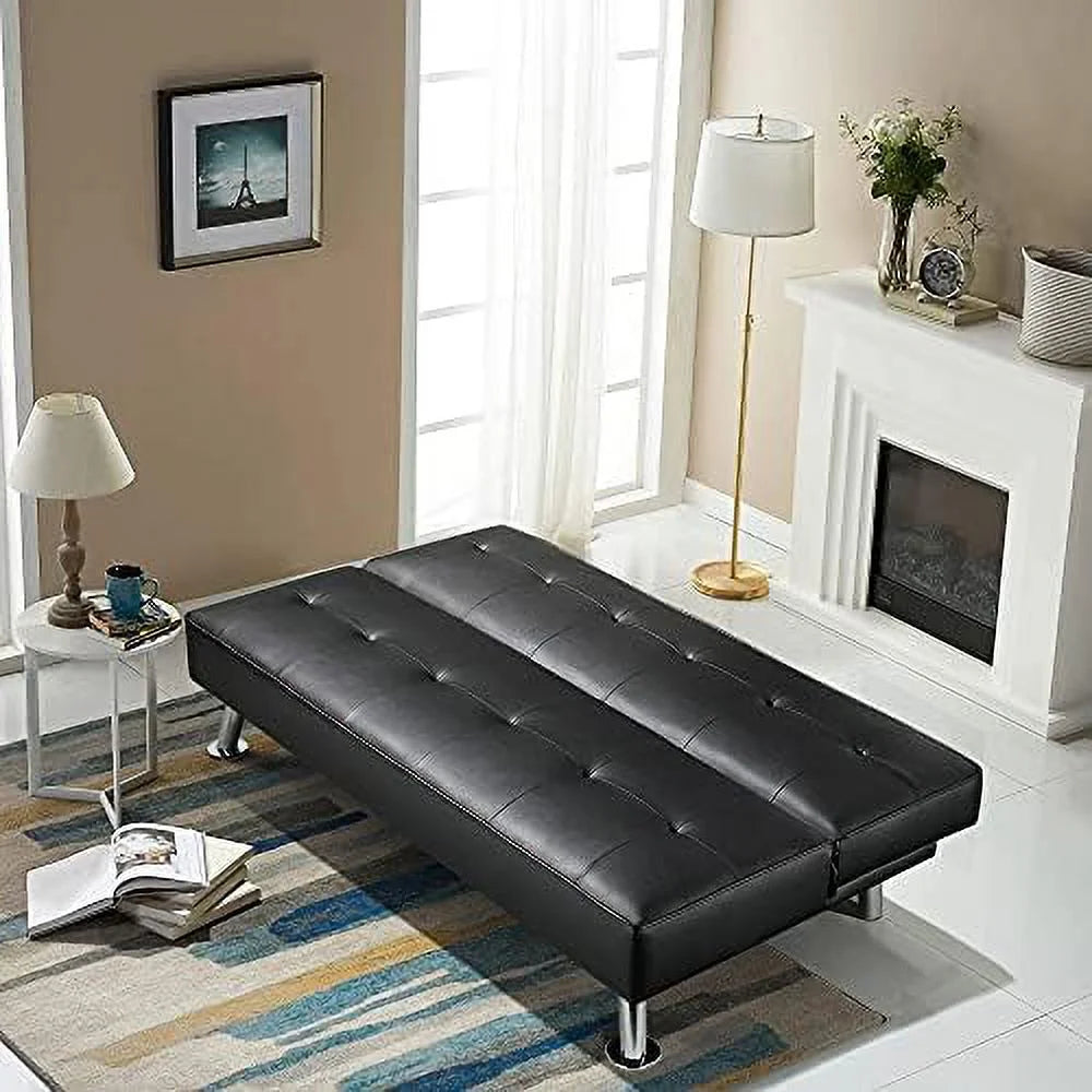 Black Faux Leather Folding Futon Sleeper Bed I443