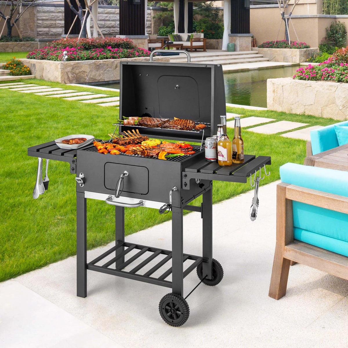 Charcoal Grill with 2 Foldable Side Table V8773
