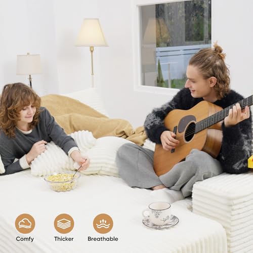 Beige Reversible Corduroy L Shaped Sectional Couch with 8pcs Pillows D273775
