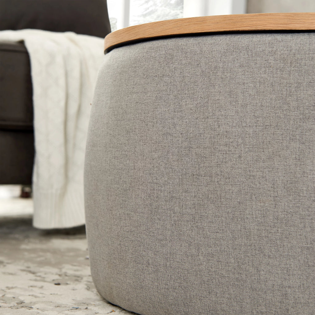 Grey Round Storage Ottoman with Wood Tray G947037
