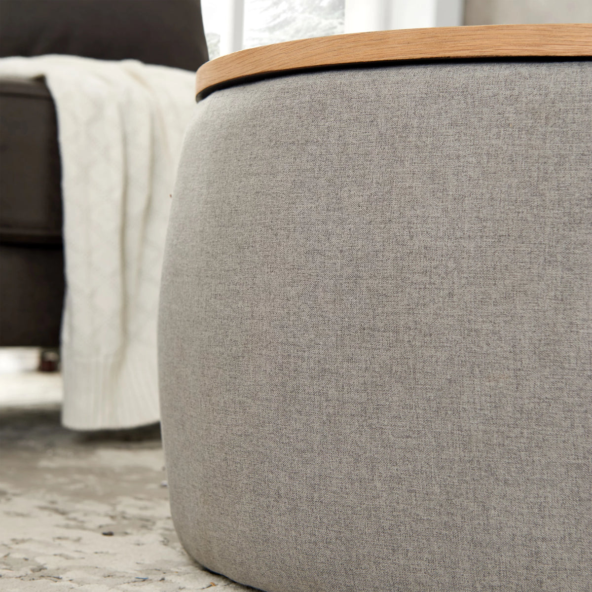 Grey Round Storage Ottoman with Wood Tray G947037