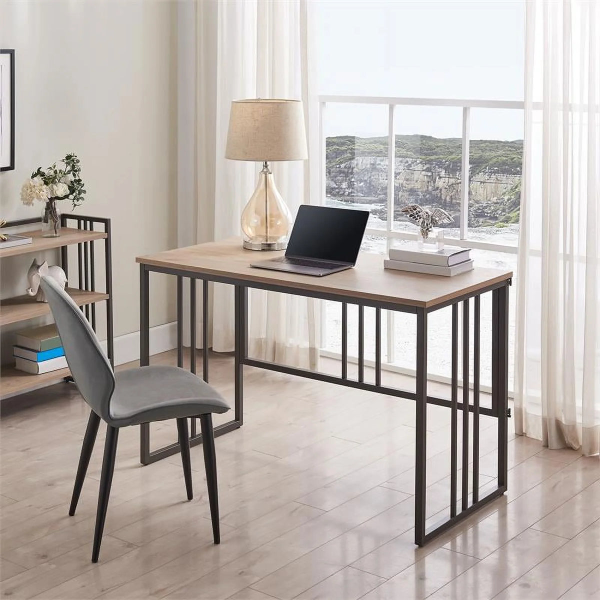 White Oak Gunmetal Slatted Desk Q646