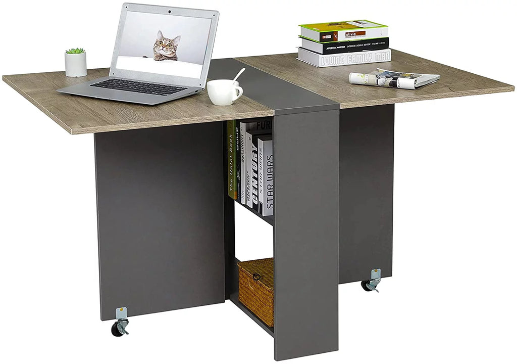 Folding Drop Leaf Dining Table with 6 Wheels and Storage Shelf N8613